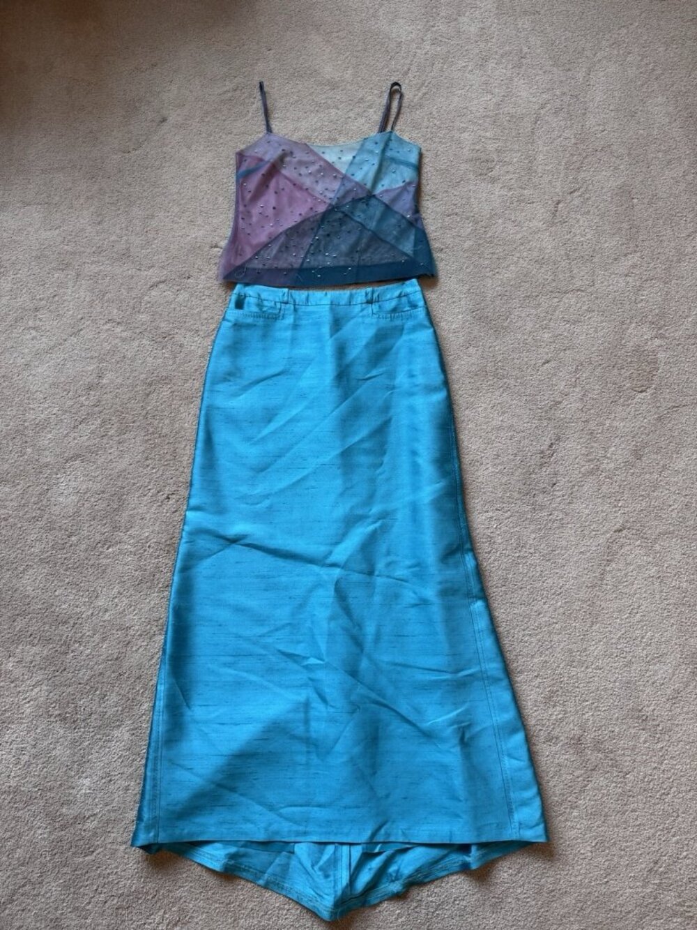 VTG Y2K BCBG 2Pc A-line Silk Maxi Skirt Top Teal Beaded Formal Prom 6